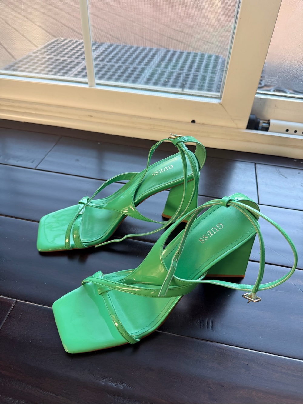 Guess Green Patent Strappy Block Heel Sandals